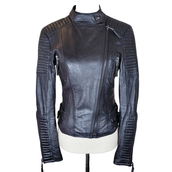 Zara Basic Black Lambskin Motorcycle Jacket Size Small - Picture 2 of 16
